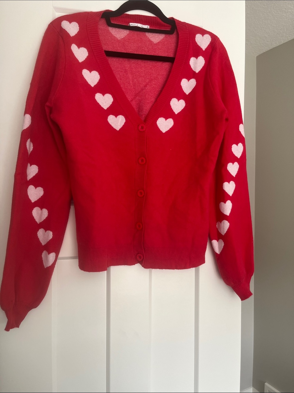 Red Heart-Print V-Neck Cardigan Sweater